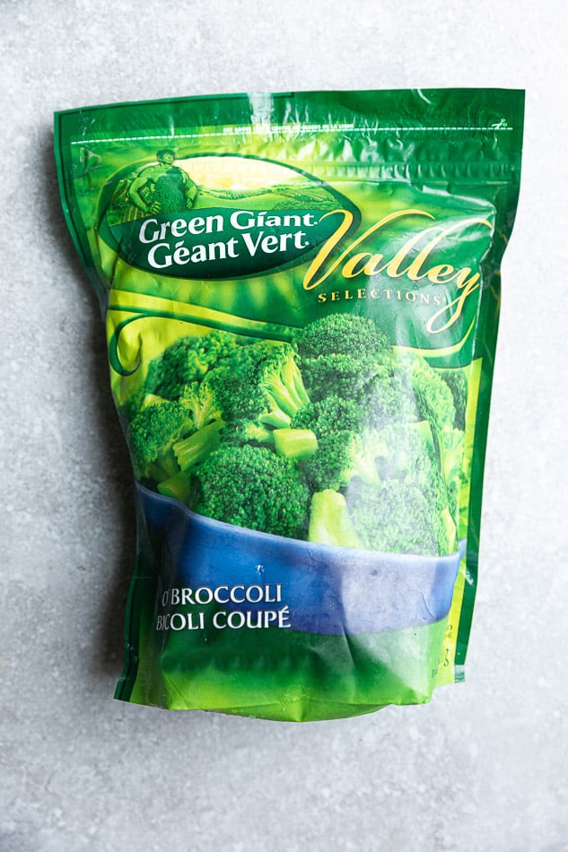 One green bag of frozen broccoli.