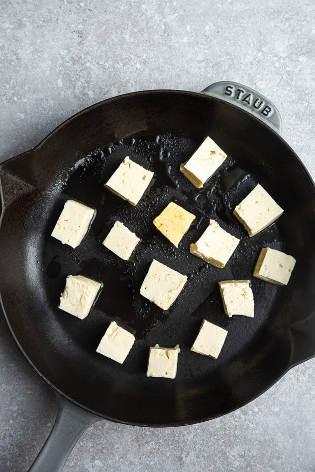 Fourteen cubes of uncooked tofu arranged on a cast-iron pan