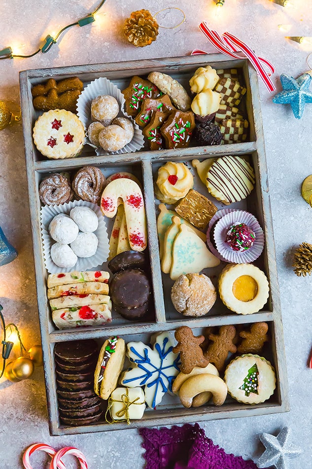 Top view of holiday cookie box on a grey background