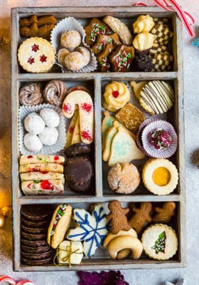Top view of holiday cookie box on a grey background