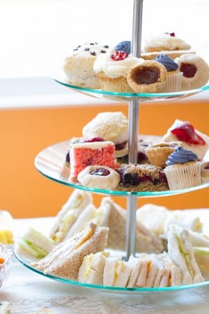 Treats on a 3-tiered stand for a tea party