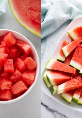 Top view of a bowl of watermelon cubes and a platter of watermelon spears on a white background