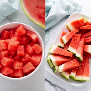 Top view of a bowl of watermelon cubes and a platter of watermelon spears on a white background