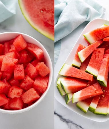 Top view of a bowl of watermelon cubes and a platter of watermelon spears on a white background