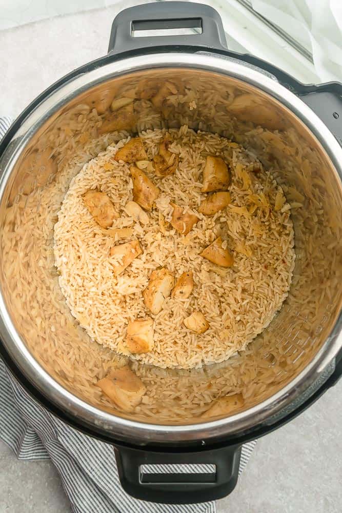 Top view of cooked teriyaki rice and chicken in an instant pot