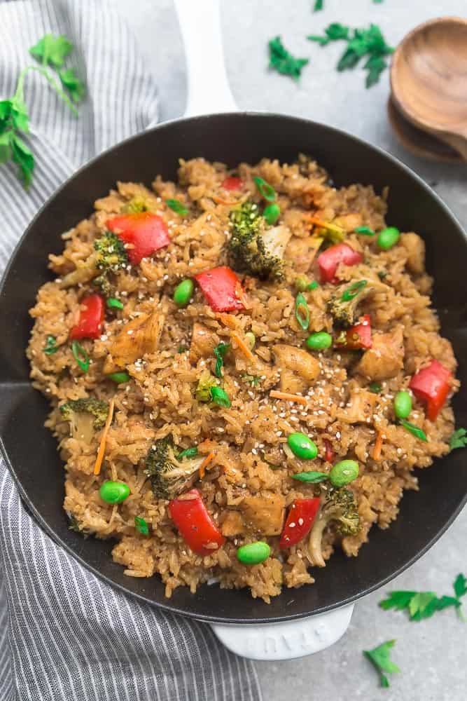 Top view of Teriyaki Rice with Chicken and Vegetables in a skillet