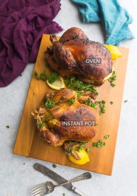 photo comparing cooking Instant Pot whole chicken and a whole chicken cooked in an oven