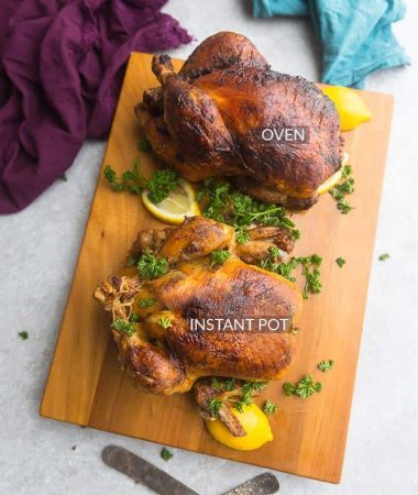 photo comparing cooking Instant Pot whole chicken and a whole chicken cooked in an oven