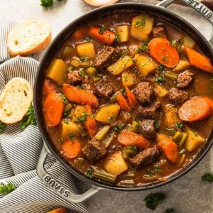 Top view of Instant pot beef stew in a pressure cooker