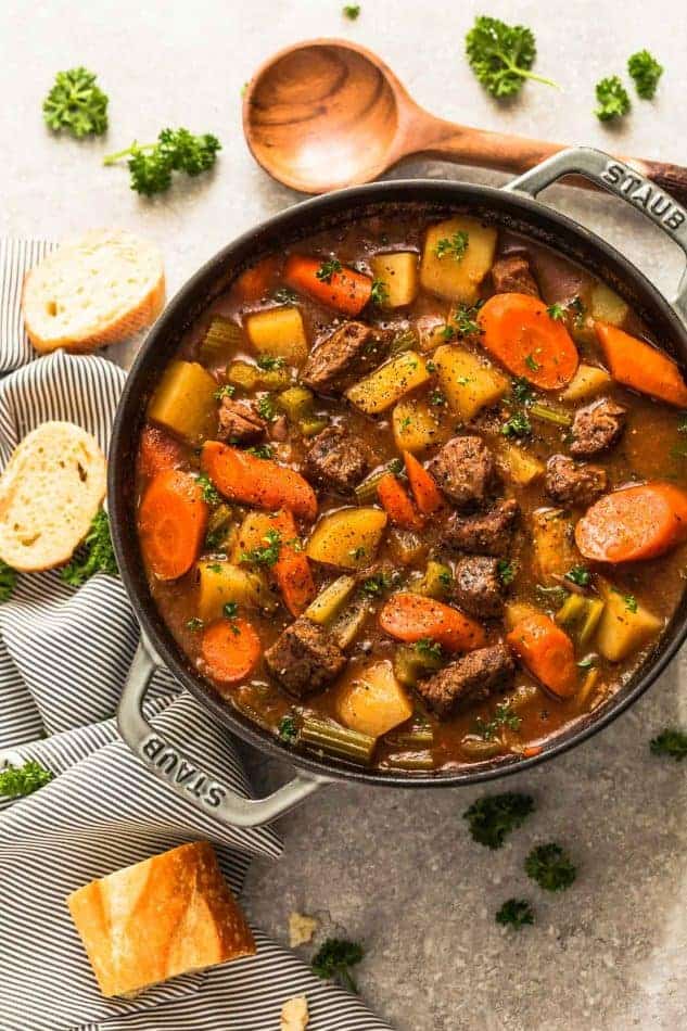 pot of classic beef stew made from scratch