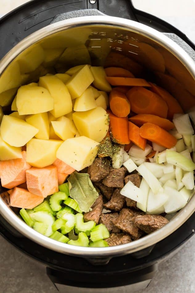 a pot of ingredients to make classic homemade beef stew