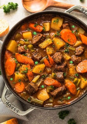 Top view of Irish Beef Stew in cast iron dutch oven