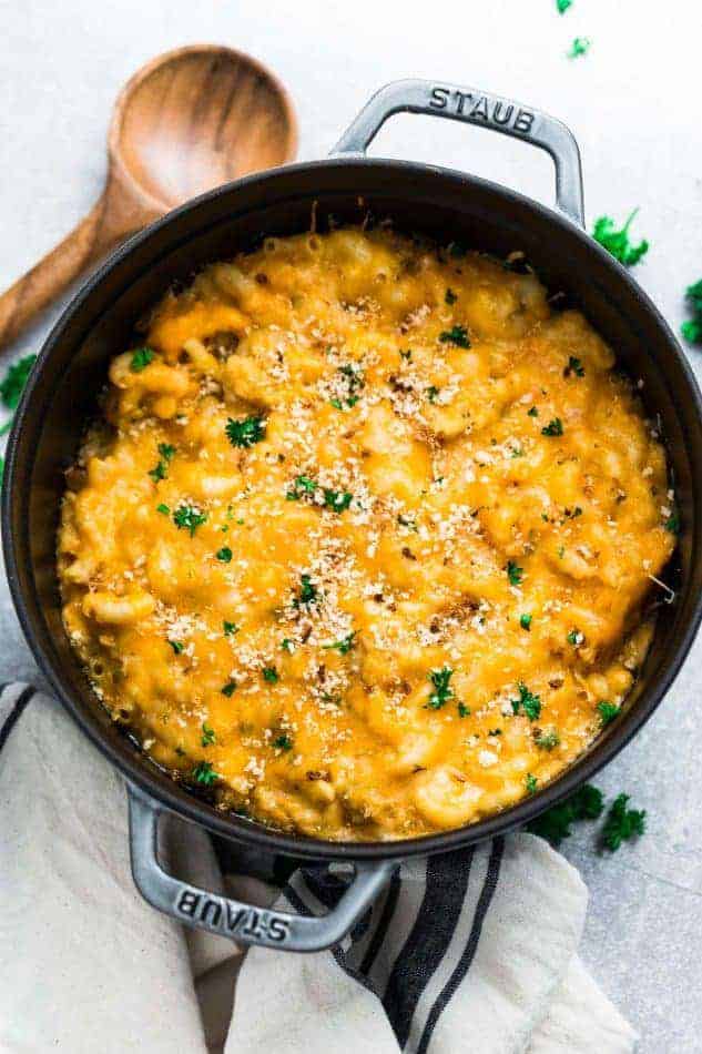 Top view of a pot of homemade mac and cheese