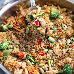 Top view of Teriyaki Rice with Chicken and Vegetables in a skillet