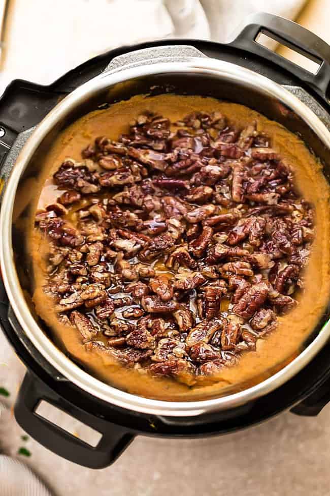 Top View of Sweet Potato Casserole in an Instant Pot Pressure Cooker