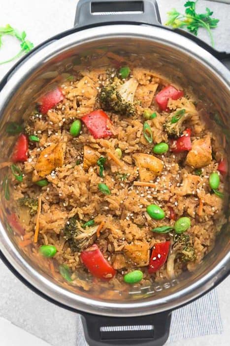 Top view of Teriyaki Rice with Chicken and Vegetables in an Instant Pot