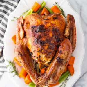 Top view of Instant Pot Whole Turkey on a white platter with vegetables