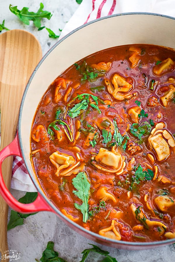 Overhead view of Italian Sausage Tortellini Tomato Soup in a pot