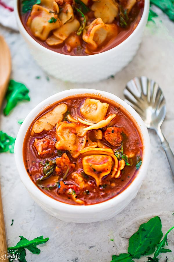 Overhead view of Italian Sausage Tortellini Tomato Soup in a bowl