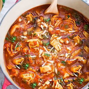 Overhead view of Italian Sausage Tortellini Tomato Soup in a pot