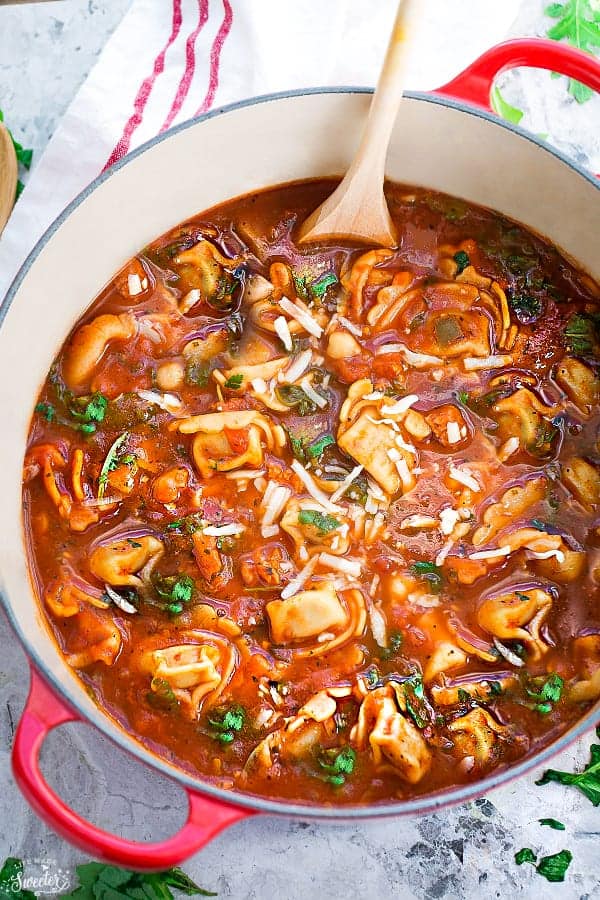 Overhead view of Italian Sausage Tortellini Tomato Soup in a pot