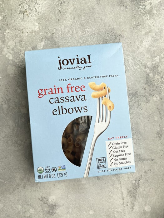A box of Jovial Grain-Free Cassava Elbows on a grey background