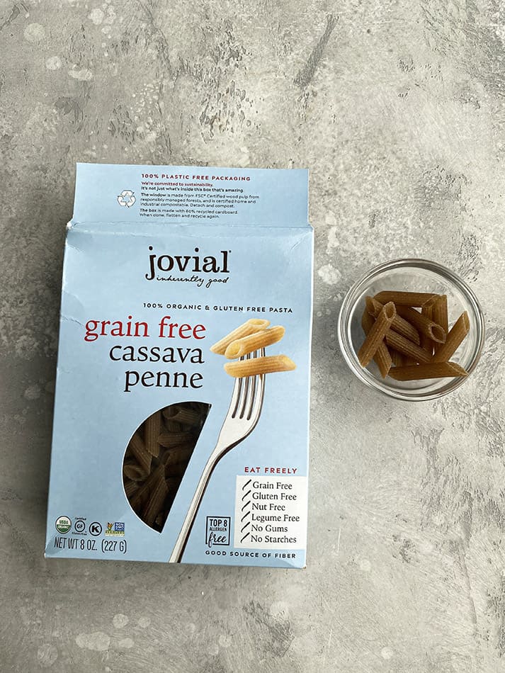 A box of Jovial Grain-Free Cassava Penne on a grey background