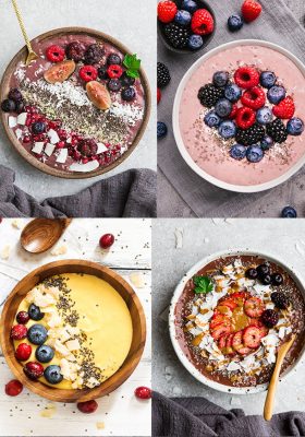 Top view of keto smoothie bowls on light surfaces with fresh fruits.