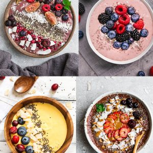 Top view of keto smoothie bowls on light surfaces with fresh fruits.