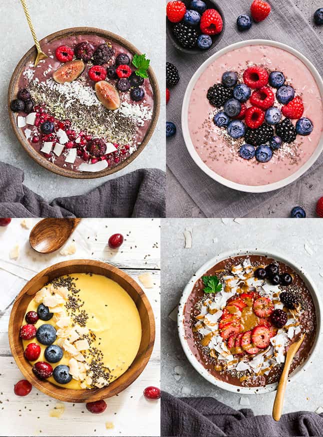 Top view of keto smoothie bowls on light surfaces with fresh fruits.