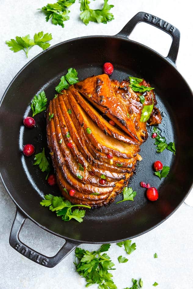 Top view of cooked instant Pot Ham on a cast-iron pan