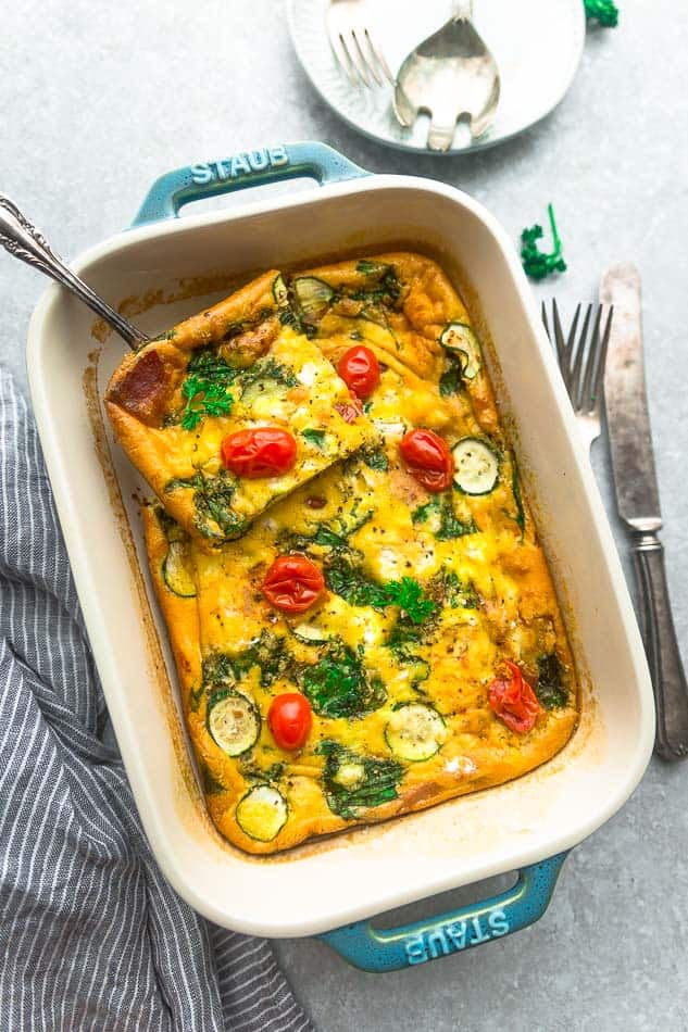 Top view of low carb breakfast egg casserole in a blue casserole pan