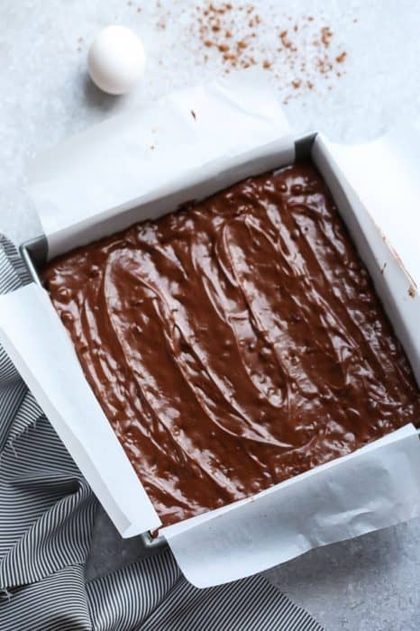 Raw Keto brownie batter in a square baking pan