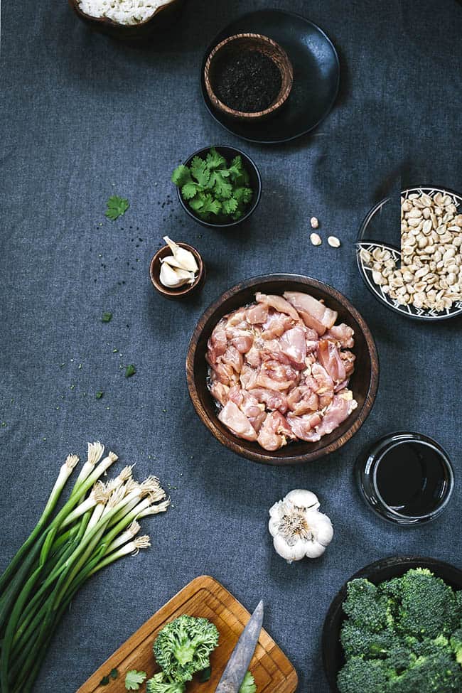 Overhead view of ingredients for Keto Cashew Chicken with broccoli