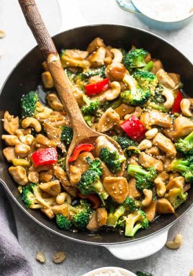 Top view of Keto Cashew Chicken Chicken in a skillet