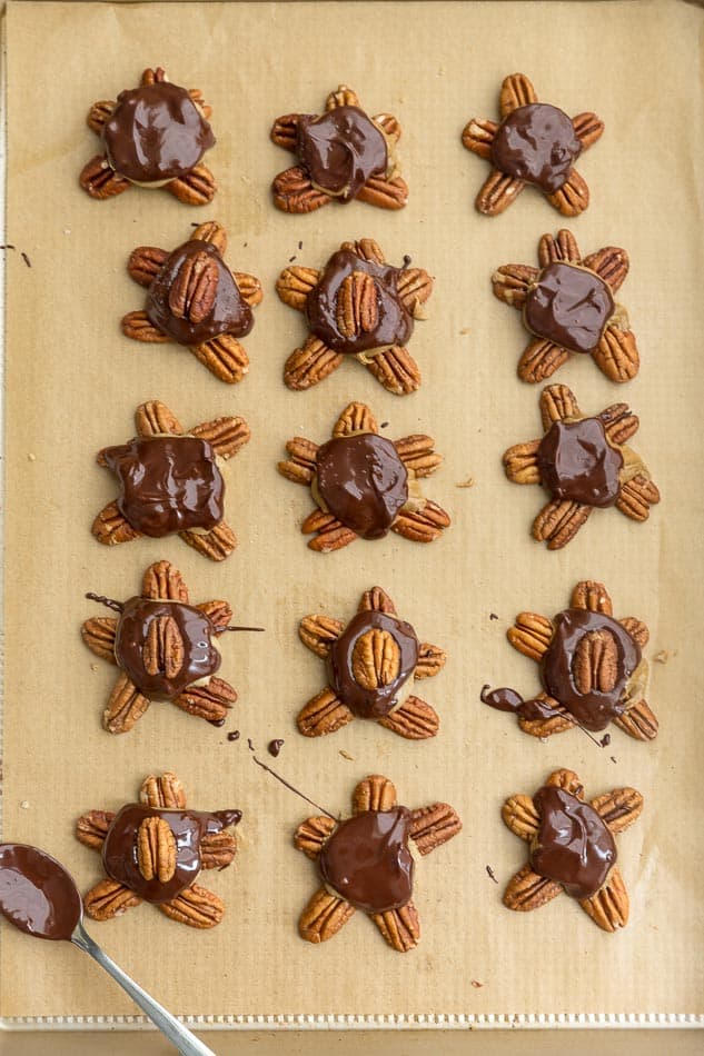 Top view of 15 chocolate turtles on a baking sheet with parchment paper