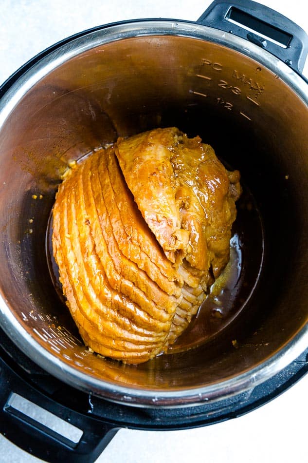 Top view of sliced ham in an Instant Pot
