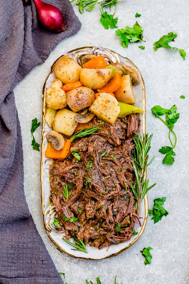 A Serving Plate Holding the Beef and Veggies from an Instant Pot Roast