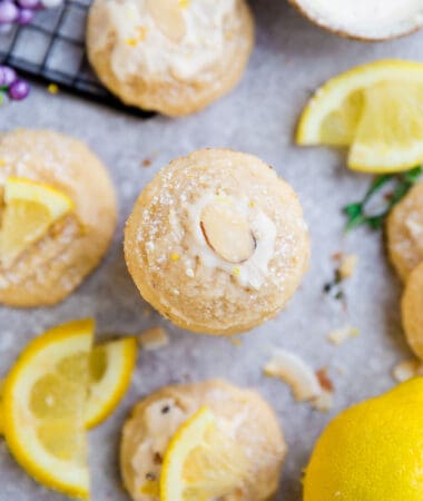 Top view of stacked keto low carb lemon almond cookies