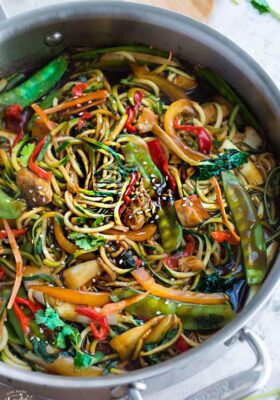 Top close-up view of Keto Low Carb Noodles in a stainless-steel pan