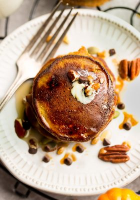 Pumpkin Pancakes – soft, thick, fluffy and perfect for any fall breakfast, Thanksgiving morning or weekend brunch. Best of all, they're low carb, gluten free and paleo friendly.