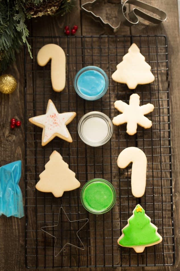 Top view of Christmas-shaped Keto Sugar Cookies on a cooling rack