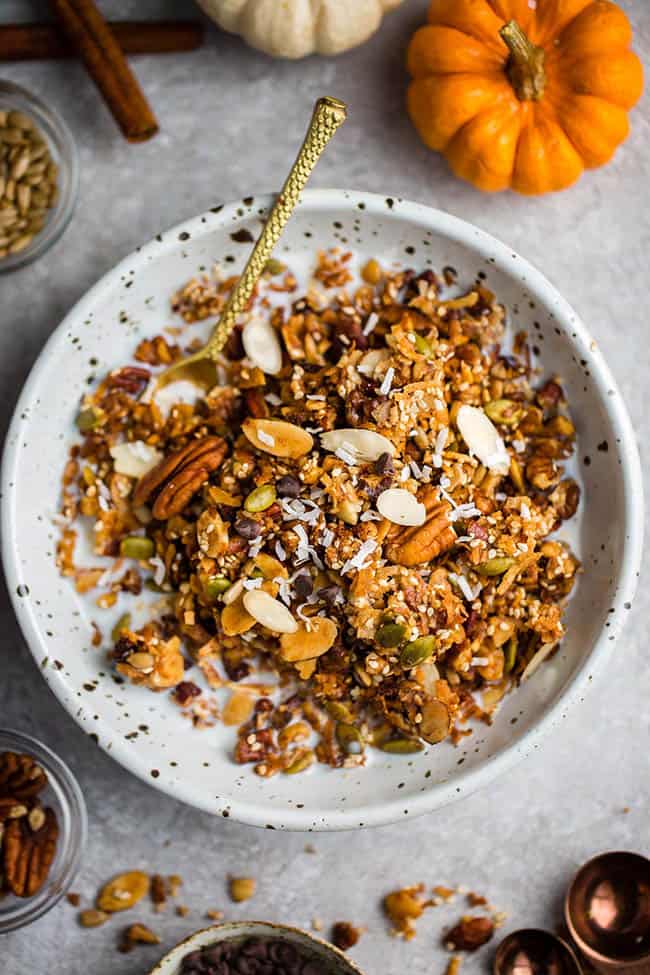 Top view of a bowl of Pumpkin Keto Granola 