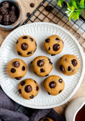 Top view of paleo cookie dough bites in a white plate