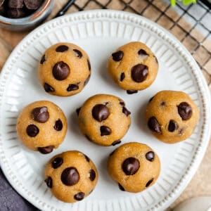 Top view of paleo cookie dough bites in a white plate