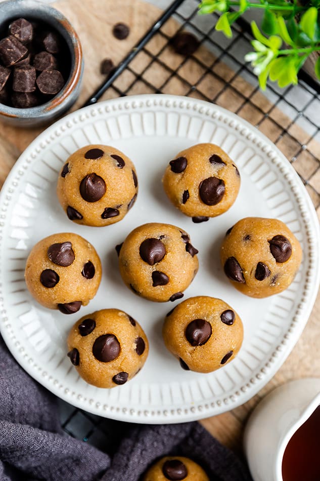 Top view of paleo cookie dough bites in a white plate