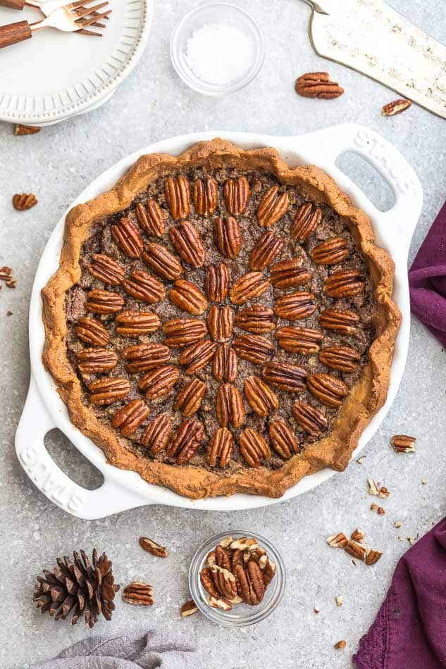 Top view of Keto Pecan Pie in a pie pan