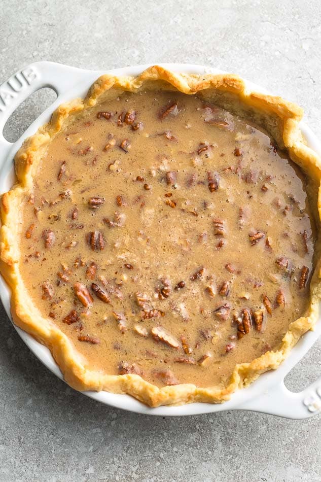 Par-baked crust with unbaked pecan pie filling