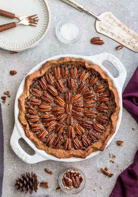 Top view of Keto Pecan Pie in a pie pan