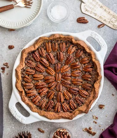 Top view of Keto Pecan Pie in a pie pan